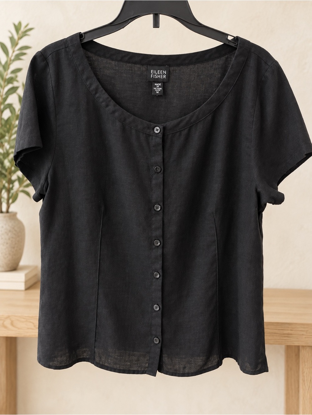 Eileen Fisher Black Linen Button-Front Short-Sleeve Top